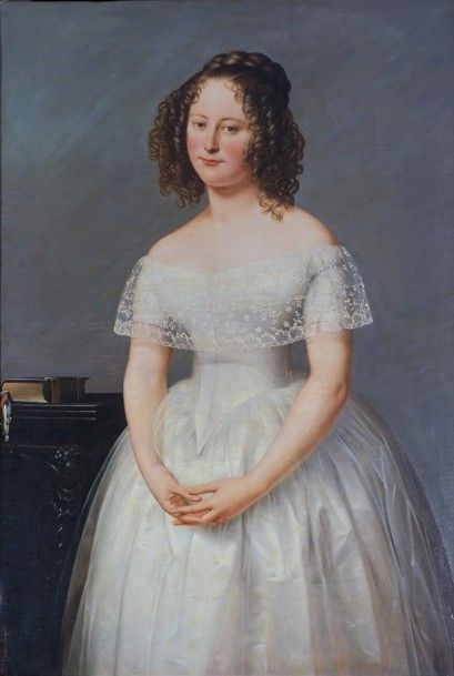 Charles Auguste VAN DEN BERGHE (1798-1853) . Jeune femme à la robe blanche; Huile...