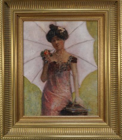Eugène DELECLUZE (1882-1972) femme à l'ombrelle huile sur isorel 34 x 27 cm