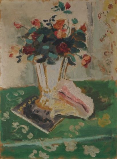 Jules CAVAILLES (1901-1977) Fleurs sur un entablement, circa 1950. Huile sur papier...