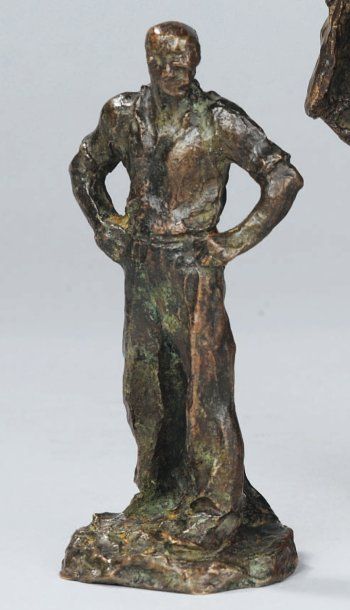 Jules DALOU (1838-1902) Travailleur, mains sur les hanches Sculpture en bronze à...