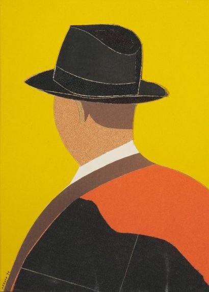 Eduardo ARROYO (né en 1937) L'homme au chapeau, 1976 Collage de papier émeri Signé...