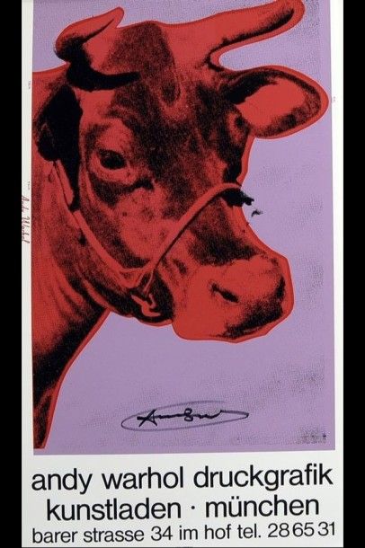 ANDY WARHOL « Red Cow on blue. Circa 1970 Affiche sérigraphiée editée par Kroll Siebdruck...