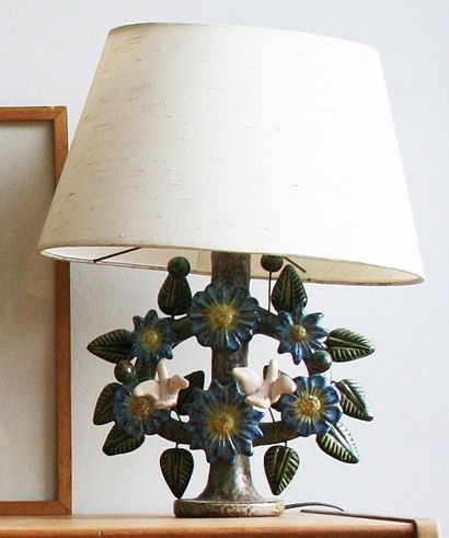 null Lampe en céramique vernissée polychrome à décor rapporté de fleurs, de colombes...