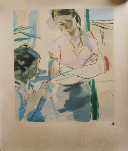 LAUNOIS Jean (1898-1942) « Les 2 femmes » Lithographie en couleurs N° 113 /200 monogrammée...