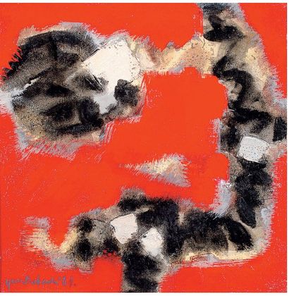Jun DOBASHI (1910-1975) Abstraction fond rouge, 1961 Huile sur toile Signée et datée...