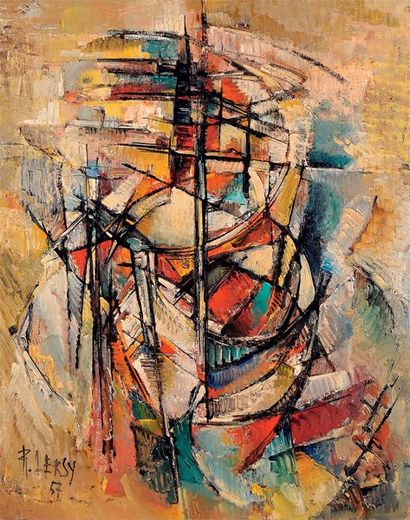 Roger LERSY (1920-2004) Bateaux harmonie rouge, 1957 Huile sur toile Signée et datée...
