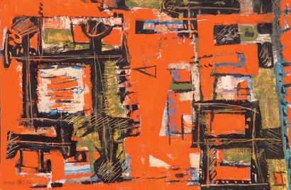 Georges NOËL (né en 1924) Composition sur fond orange, 1956 Huile sur papier marouflé...