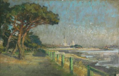 Alexandre NOZAL 1852-1929 Promenade au bord de l'eau Pastel Signé en bas à gauche...