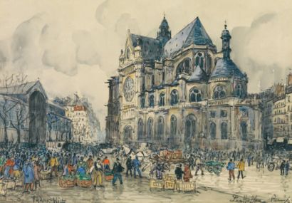 Frank WILL 1900-1951 Les Halles, Paris Aquarelle et crayon Signé en bas à gauche...