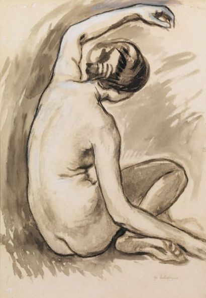Henri LEBASQUE 1865-1937 Nu assis, bras levé, 1913 Gouache, aquarelle, encre et rehauts...