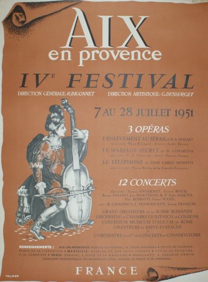 ANONYME AIX EN PROVENCE.IVe FESTIVAL.”3 opéras, 12 concerts”. Juillet 1951 Tolmer...