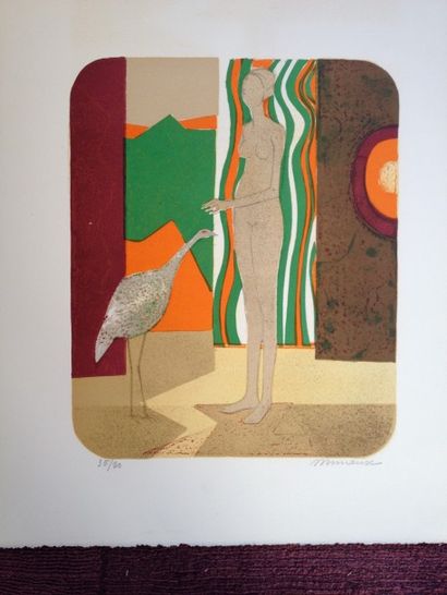 MINAUX André (1923-1986) “LA FEMME ET L’OISEAU ”. Vers 1972 Lithographie couleurs...