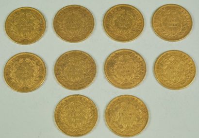 null 10 pièces 20 francs Napoléon III tête nue poids 64 grs