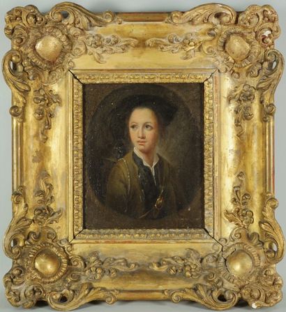 Ecole XIXème Portrait de jeune homme huile sur panneau dans un cadre en bois et platre...