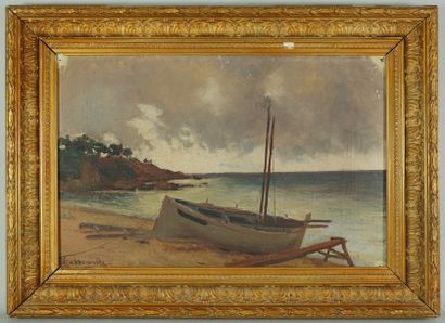 Joseph Meissonnier (1864-1943) Barque échouée , huile sur toile signé. 27 x 42 c...