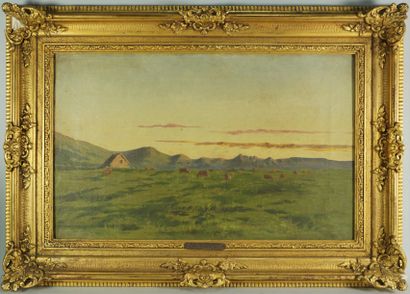 Jean DESBROSSES (1835-1906) L "Le soir plateau de Langle", Mont d'or, huile sur toile...