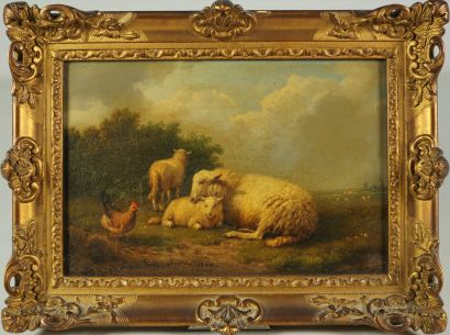 Eugène VERBOECKHOVEN (1798/99-1881). Moutons et poules,huile sur panneau signée en...