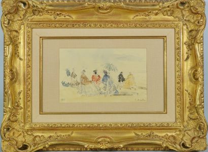 Felix MURNOT né en 1924 Plage , aquarelle copie d'Eugène Boudin 13 x 22 cm, cadre...