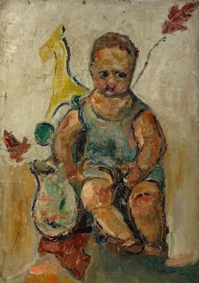 Ecole XXème Portrait d'enfant , huile sur toile trace de signature 55 x 38 cm