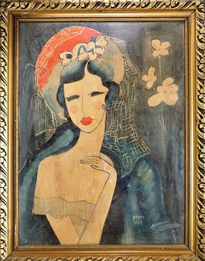 Ecole XXème Portrait de femme, huile sur papier porte une signature 62 x 46 cm