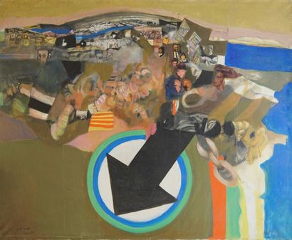 Véronique FREUND (1918-2012) Abstraction Flèche, 1980
Collage et huile sur toile
Signé,...