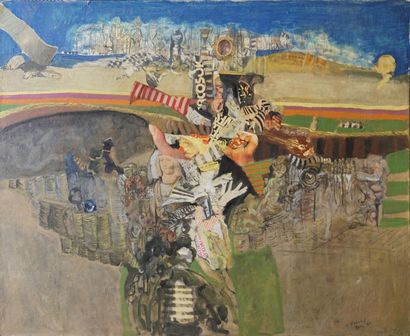 Véronique FREUND (1918-2012) Abstraction, 1981
Collage et huile sur toile
Signé,...