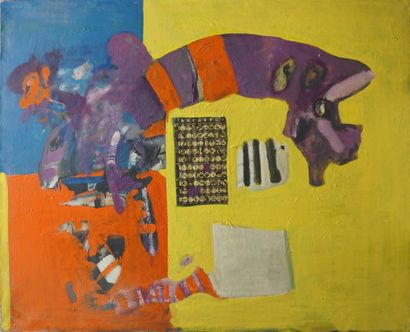 Véronique FREUND (1918-2012) Abstraction jaune, bleue et rouge
Collage et huile sur...