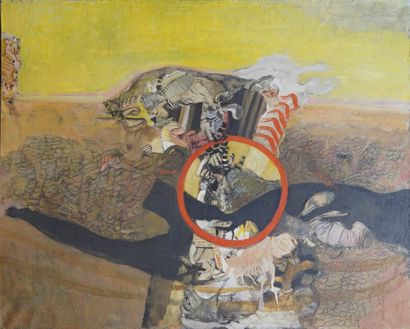 Véronique FREUND (1918-2012) Abstraction cercle rouge
Collage et huile sur toile
Non...