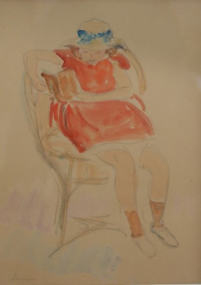 Henri LEBASQUE (1865-1937) Fillette assise
Aquarelle sur crayon conté
Signée en bas...