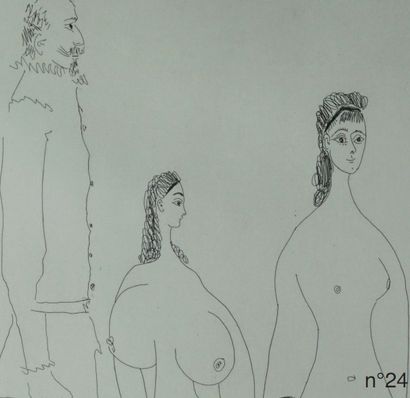 Pablo Picasso (1881-1973) Peintre longiligne avec des femmes dont «une petite pisseuse»,...