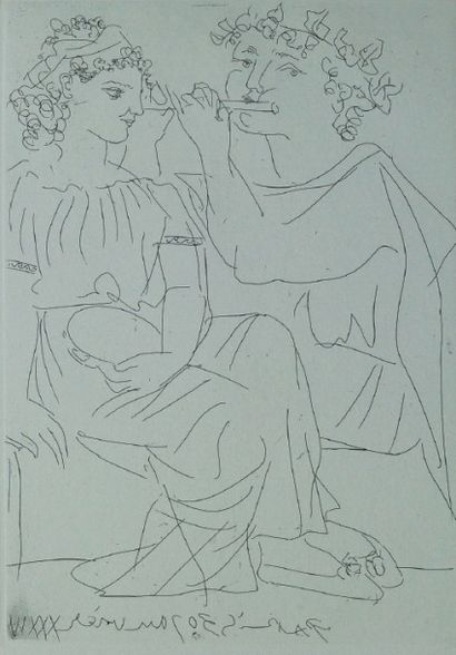 Pablo Picasso (1881-1973) Flûtiste et jeune fille au tambourin, 1934
Eau forte, une...