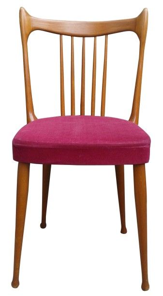 Edition Stevens Ensemble de 4 chaises en bois teinté, assise en velours fuschia (légère...