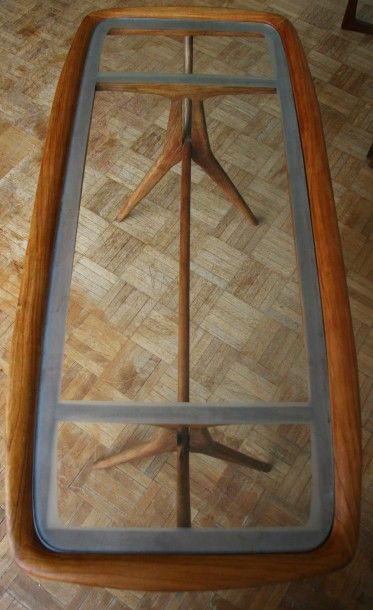 null Table basse rectangulaire en bois massif et plateau en verre sérigraphié (fines...