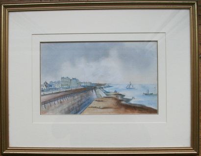 null « Paysage animé de ville de bord de mer » Aquarelle encadrée. Vers 1900. 18...