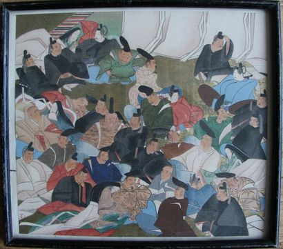 null Lot de deux estampes japonaises rehaussées de peinture dorée. Présentées encadrées...