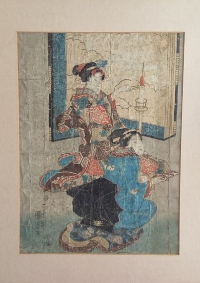 UTAGAWA KUNIYOSHI (1797-1862) « Geishas éteignant une bougie ».Estampe polychrome...