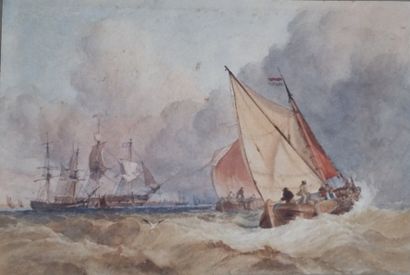 null École hollandaise du XIXème s « Bâtiments de pêche rentrant au port et vaisseaux...