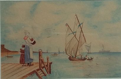 null École hollandaise du XIXème s « Le retour » Aquarelle sur papier 9 x 14 cm