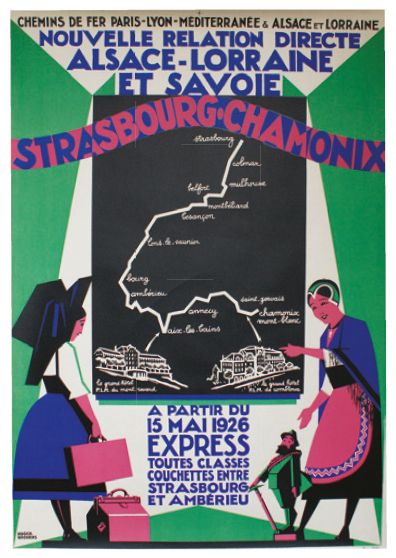BRODERS Roger (1883-1957) Chemins de Fer Paris-Lyon-Méditerranée & Alsace et
Lorraine."STRASBOURG-CHAMONIX".1926
Imprimerie...