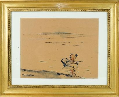 ABEL BERTRAM (1871 - 1954) Barque encre et aquarelle signée 21 x 26.5 cm à vue on...