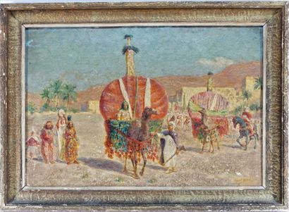 Gabriel DENEUX (1856-1926) Scéne orientaliste sur panneau 28 x 41 cm