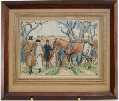 Maurice TAQUOY (1878 - 1952 ) La chasse à courre, aquarelle signée 12x 16 cm