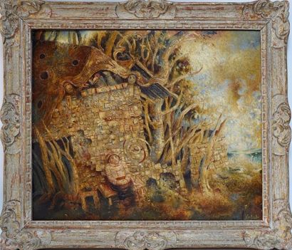 Claude VERLINDE (1927) Scène fantastique huile sur toile signée 54 x 65 cm