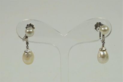 null Paire de pendants d'oreilles en or gris ( 18 carats 750 millièmes )et perles,...