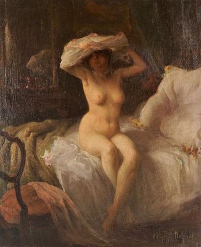 HERMANN DELPECH (1865-?) "Femme nue au levé". Huile sur toile signée en bas à droite...