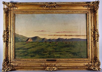 Jean DESBROSSES (1835-1906). "Le soir plateau de Langle, Mont d'or". Huile sur toile...