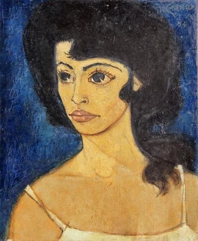Yves GANNE (1931) "Portrait sur fond bleu". Huile sur toile signée en haut à droite...