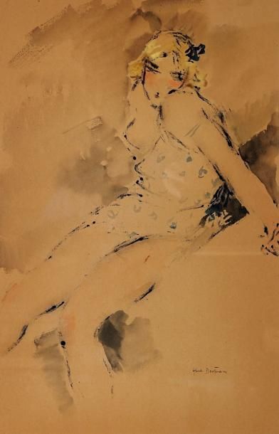 Abel BERTRAM. "Portrait de femme". Aquarelle signée. 49 x 32 cm à vue