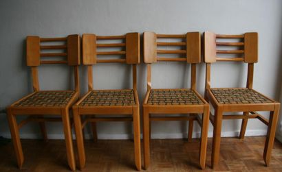 null Ensemble de 4 chaises en bois blond vernis et cannage naturel et filets verts....