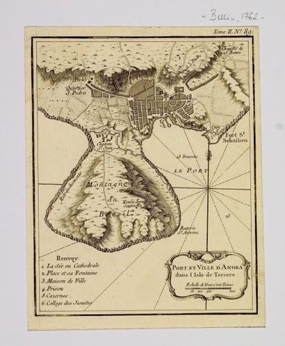 ISLE DE TERCERE carte du port et ville d'Angra dans l'Isle de Tercere, 33X23